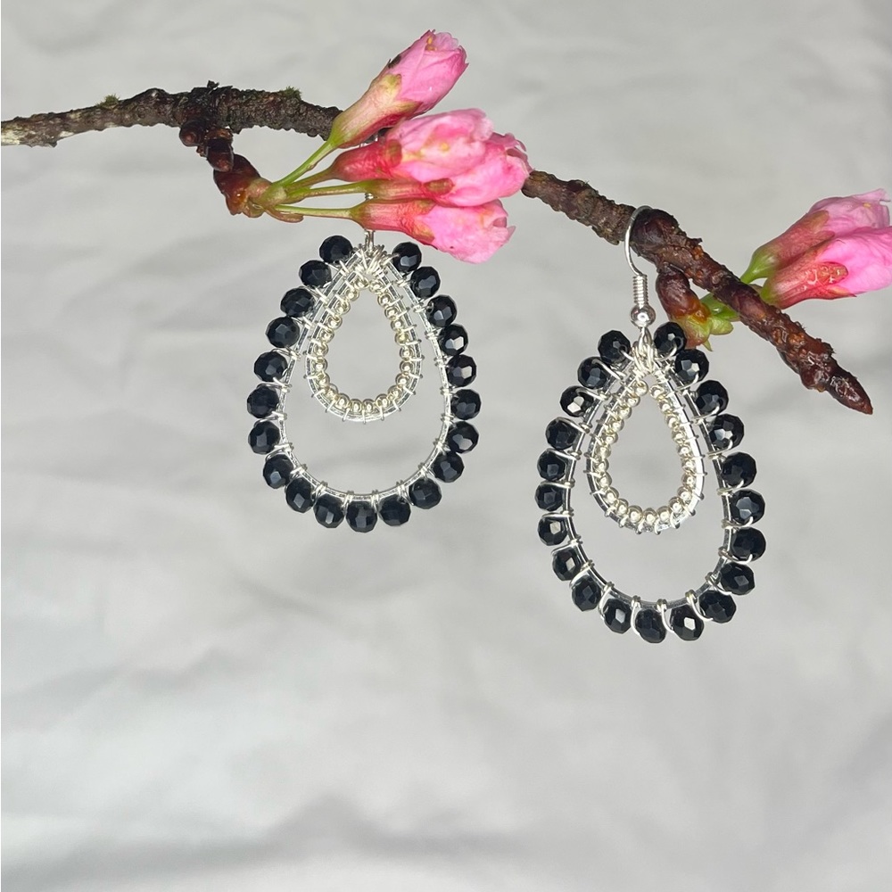 Silver tone with black beads/crystals double teardrop dangle earrings